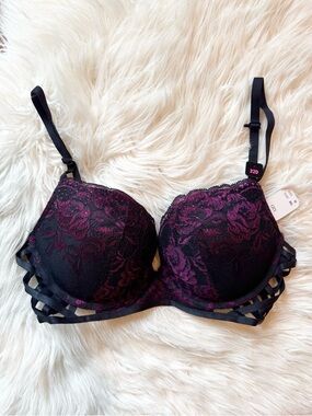 NWT LA SENZA Beyond Sexy push up bra black with purple lace detail 32D